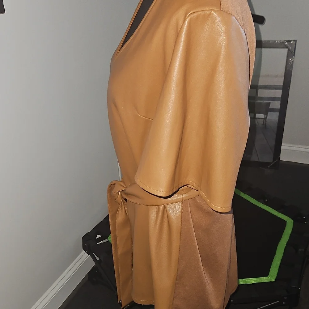 Marc New York Tan V-Neck Blouse with Tie Waist - Picture 2 of 4